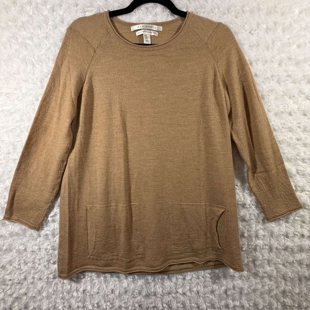 Max Studio Womens 1X Camel Tan 100% Extrafine Merino Wool Pocket Sweater Top